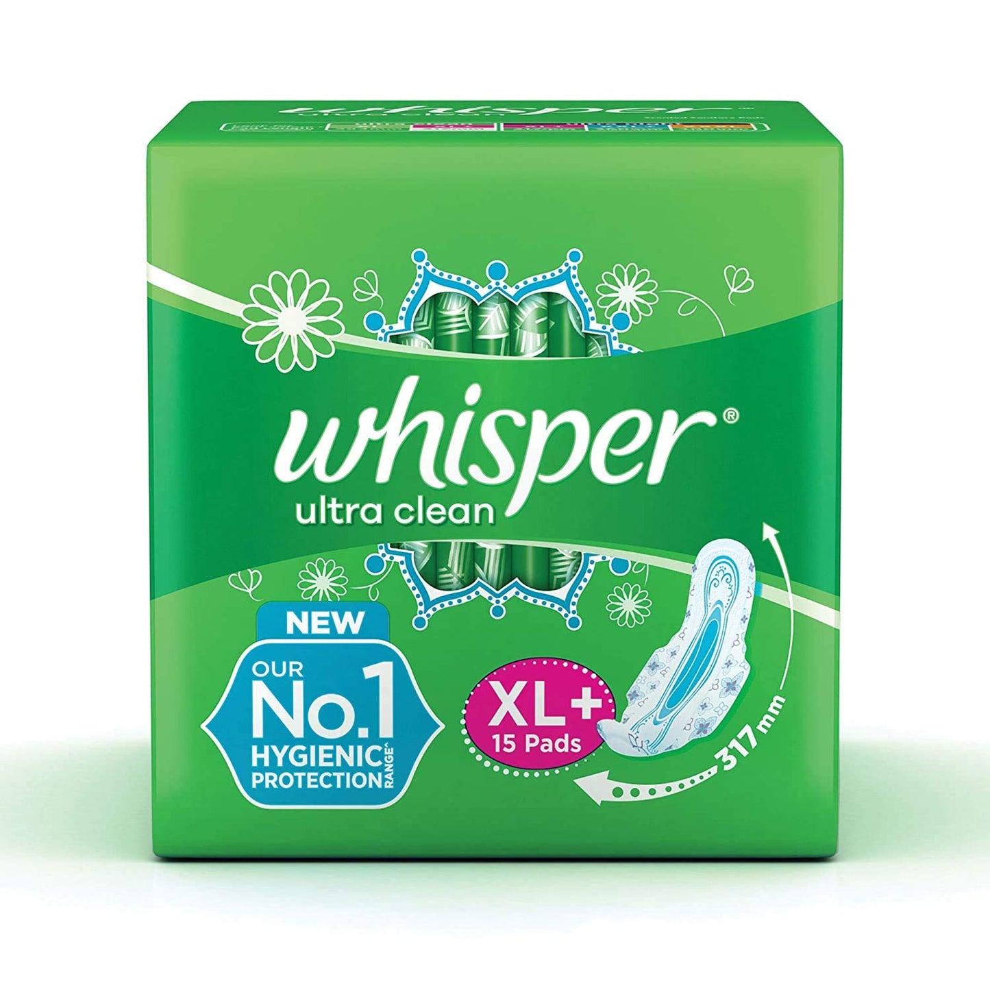 WHISPER ULTRA HYGIENE+COMFORT SANITARY PADS, 50 XL+ PADS, FOR HEAVY FLOW, LONG LASTING PROTECTION, LOCKS ODOUR & WETNESS, DRY TOP SHEET, DISPOSABLE WRAPPER