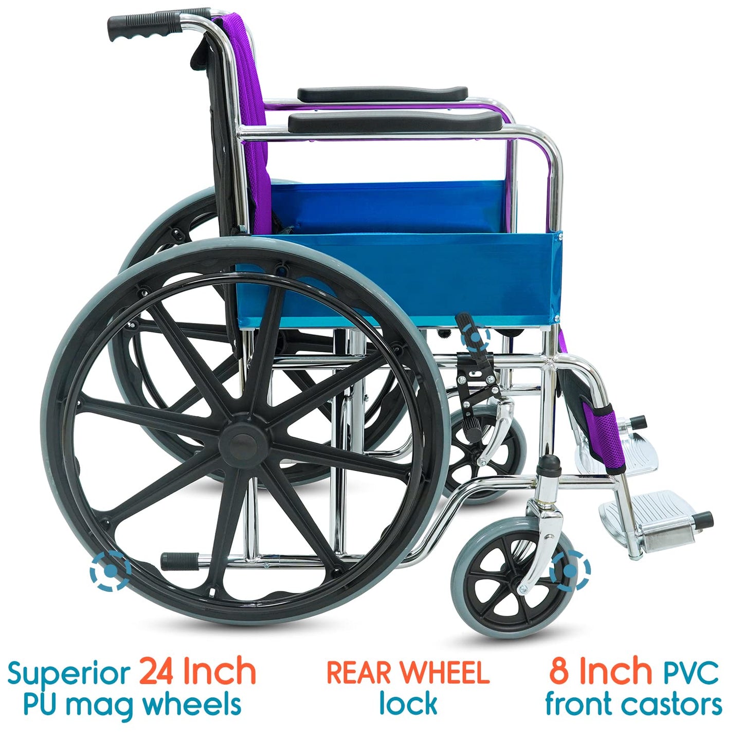 KosmoCare Dura Rexine Wheelchair | Self-Propelled & Attendant Use | Hammered Finish MS Frame | 24" Mag Wheels | Removable Footrests | Foldable Design | Comfortable Rexine Seat | Supports Up to 100 kg