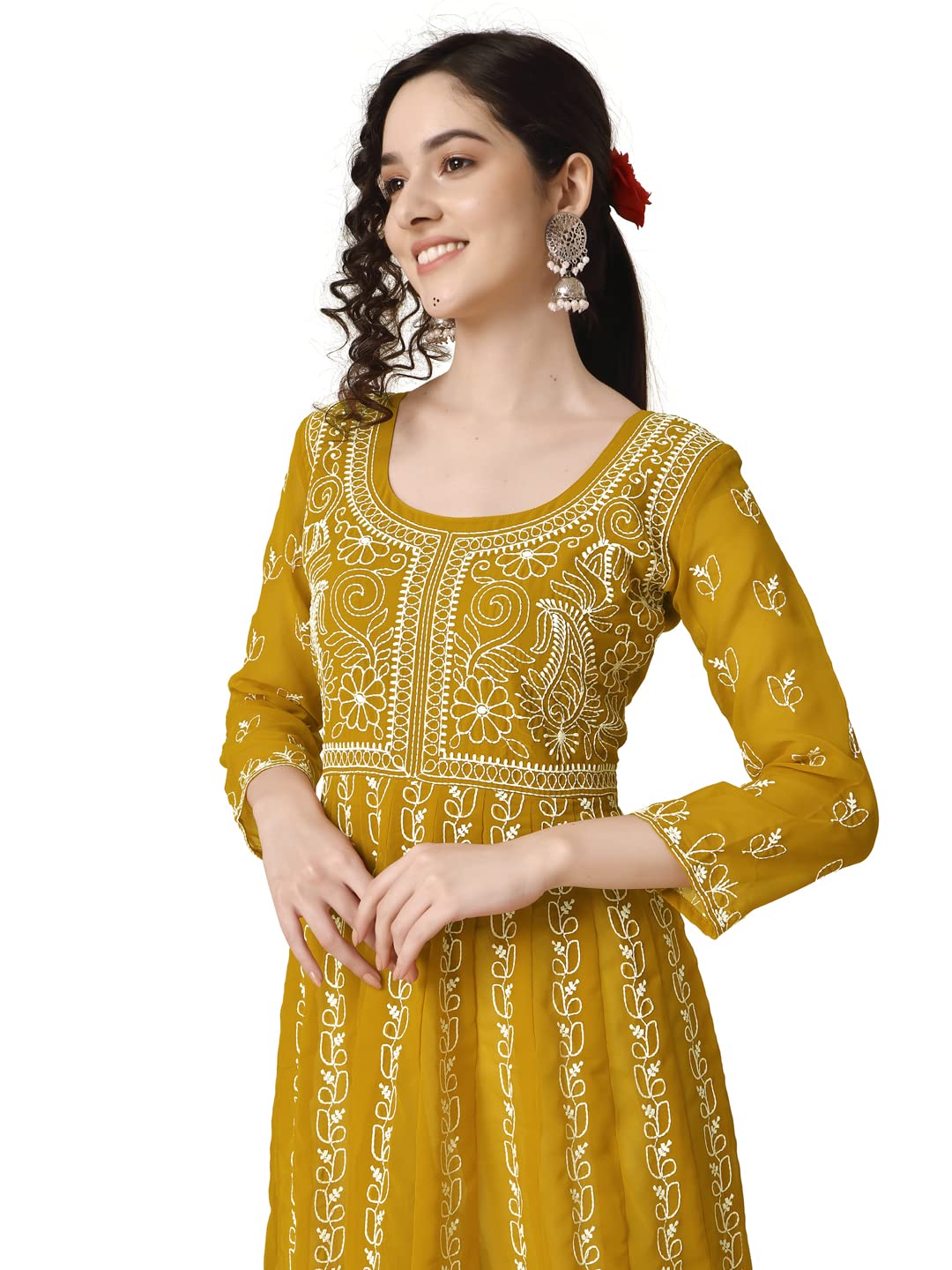 EthnicJunction Women's Lucknowi Chikankari Embroidered Thread Work Georgette Anarkali Kurta