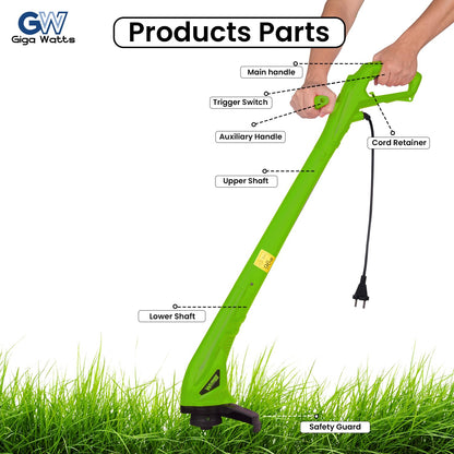 GIGAWATTS 250W Corded Grass Trimmer 22cm Cutting Diameter Portable Electric String Cutter Machine with Twin Line Bump Feed Spool Compatible with 0.9mm Trimmer-Line for Lawn Edges Trimming Garden Patio