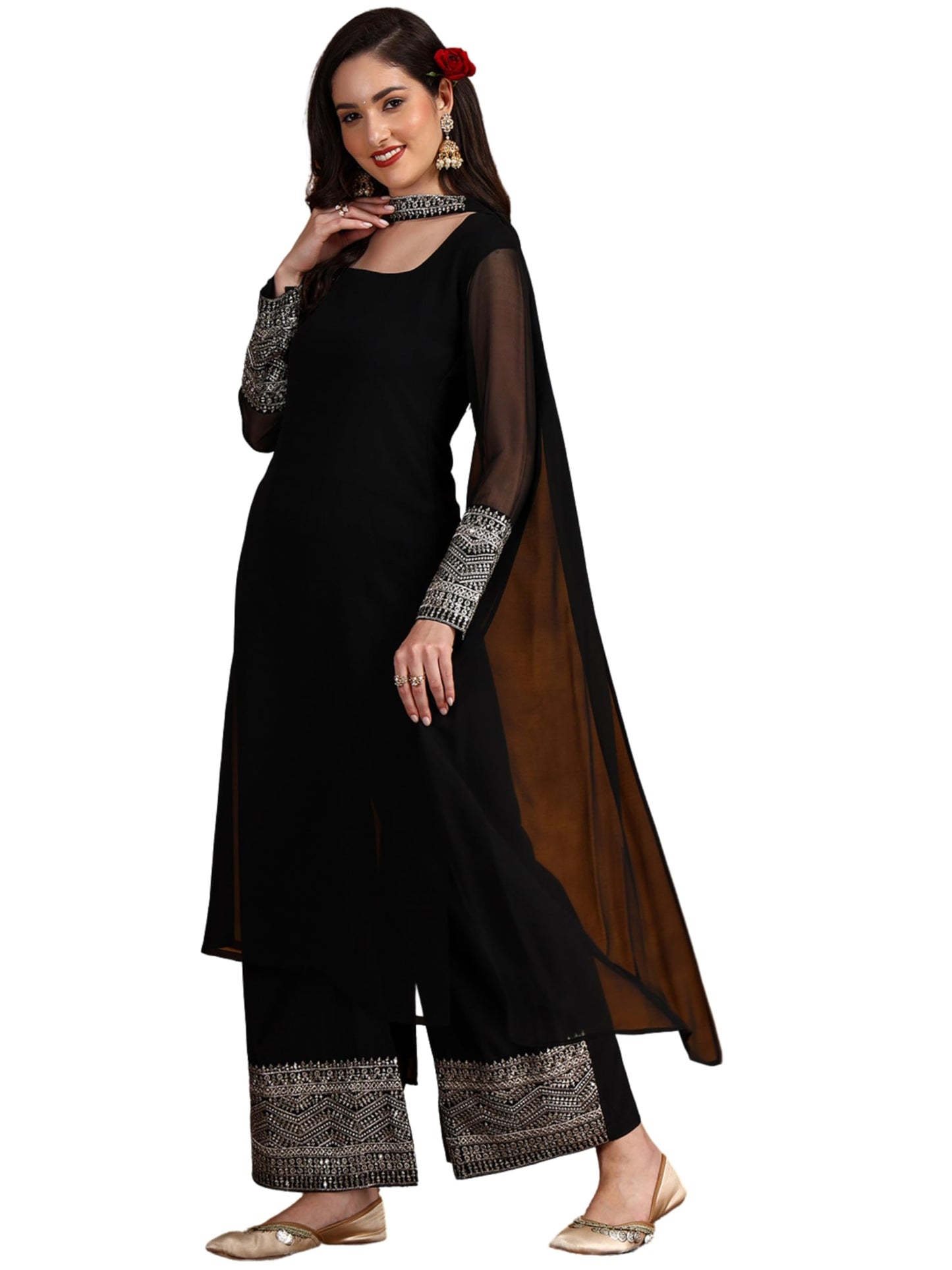 EthnicJunction Women's Georgette Sequine Lace Work Kurta Palazzo and Dupatta Set