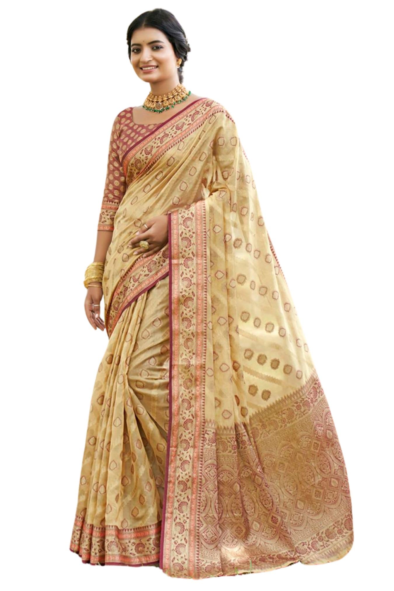 SGF11 Women's Organza Kanjivaram Pure Soft Silk Handloom Saree Pure Golden Zari With Blouse Piece