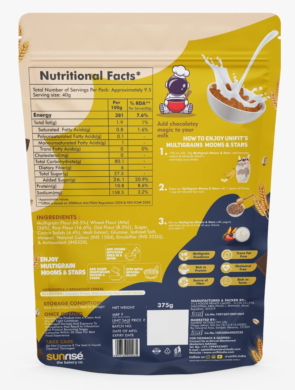 UNIFIT Multigrain Choco Bites Breakfast Cereals for Kids Rich in Protein Cereal Oats Instant & Crunchy Ready to Eat With Goodness of Wheat, Rice & Oats Grain -375g