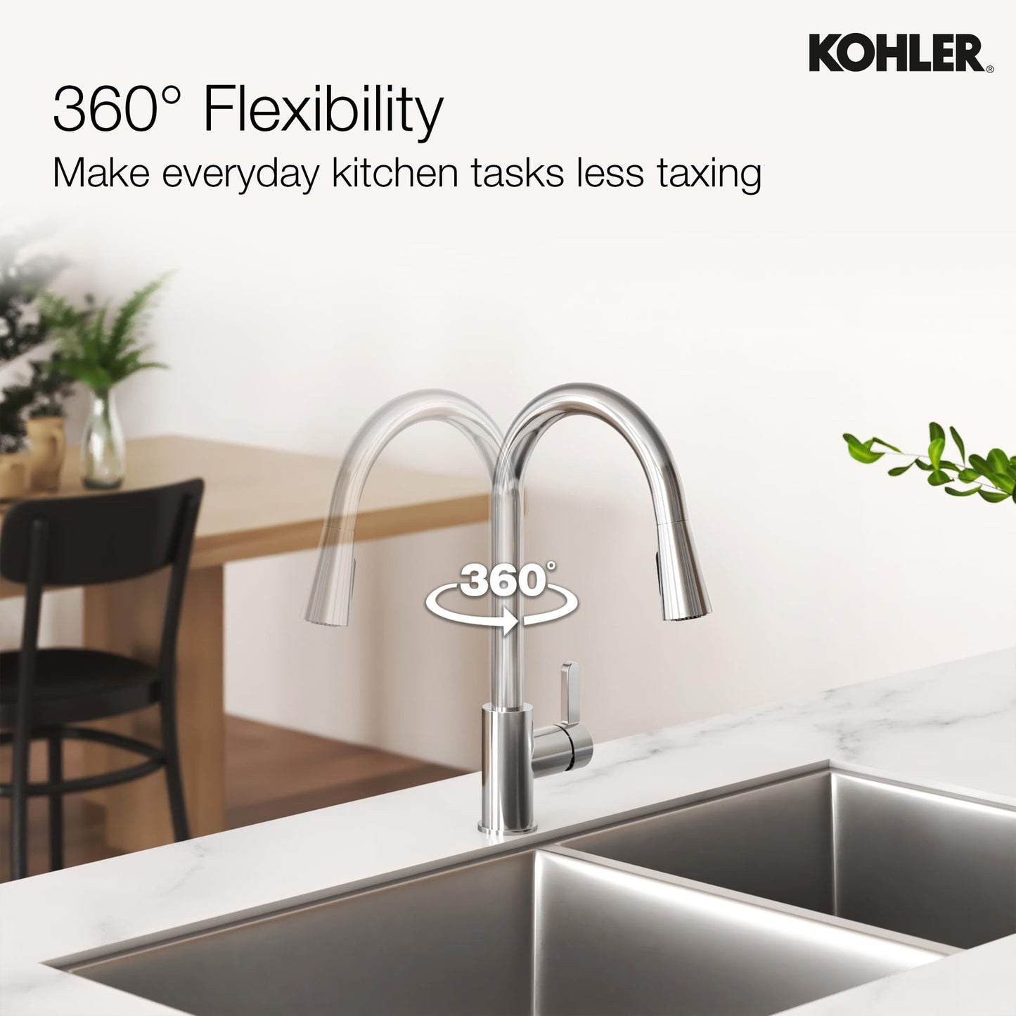 Kohler Atom Pull-Down Kitchen Tap, Mechanical Docking, Dual Spray Mode, 360° Swivel, 10-Year Warranty, Brass Durability (Polished Chrome Finish Kitchen Faucet)