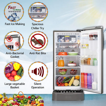 LG 185 L 5 Star Inverter Direct-Cool Single Door Refrigerator (GL-D201APZU, Shiny Steel, Base stand with drawer)