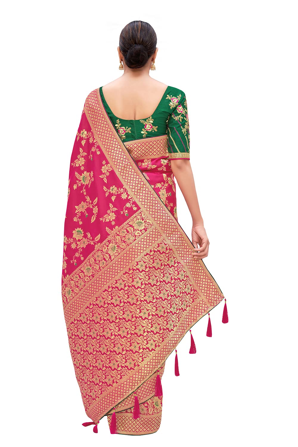 Monjolika Fashion Women's Banarasi Silk Blend Zari Woven Work With Tussles Saree and Embroidered Work Blouse Piece(37769 color)