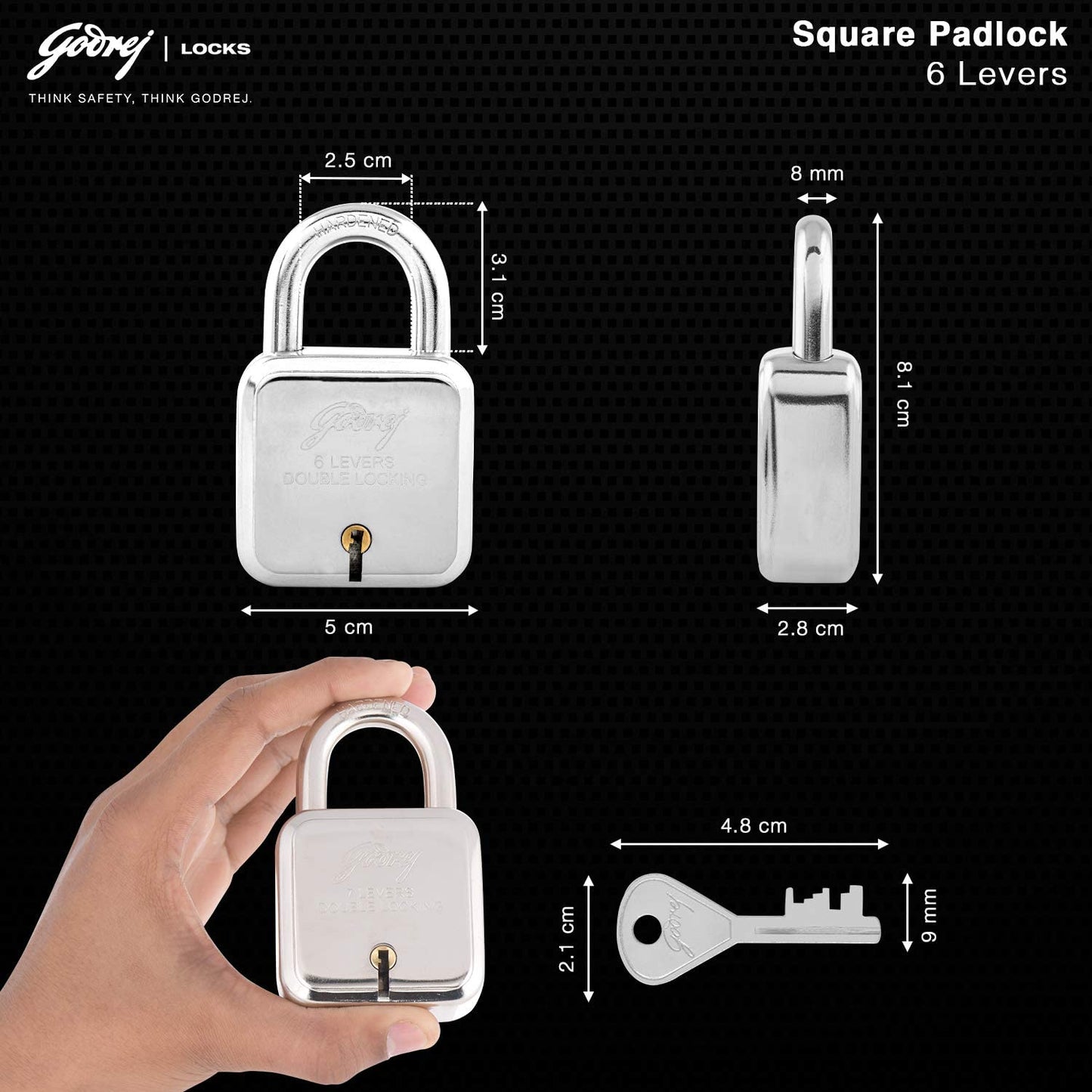 Godrej Locks I Square 6 levers 50mm I 4 Keys I Padlock for Main Door I Gate Lock I Lock for Tool Box, Shutters, Shops & Offices I Corrosion Resistant Shackle I Silver Finish