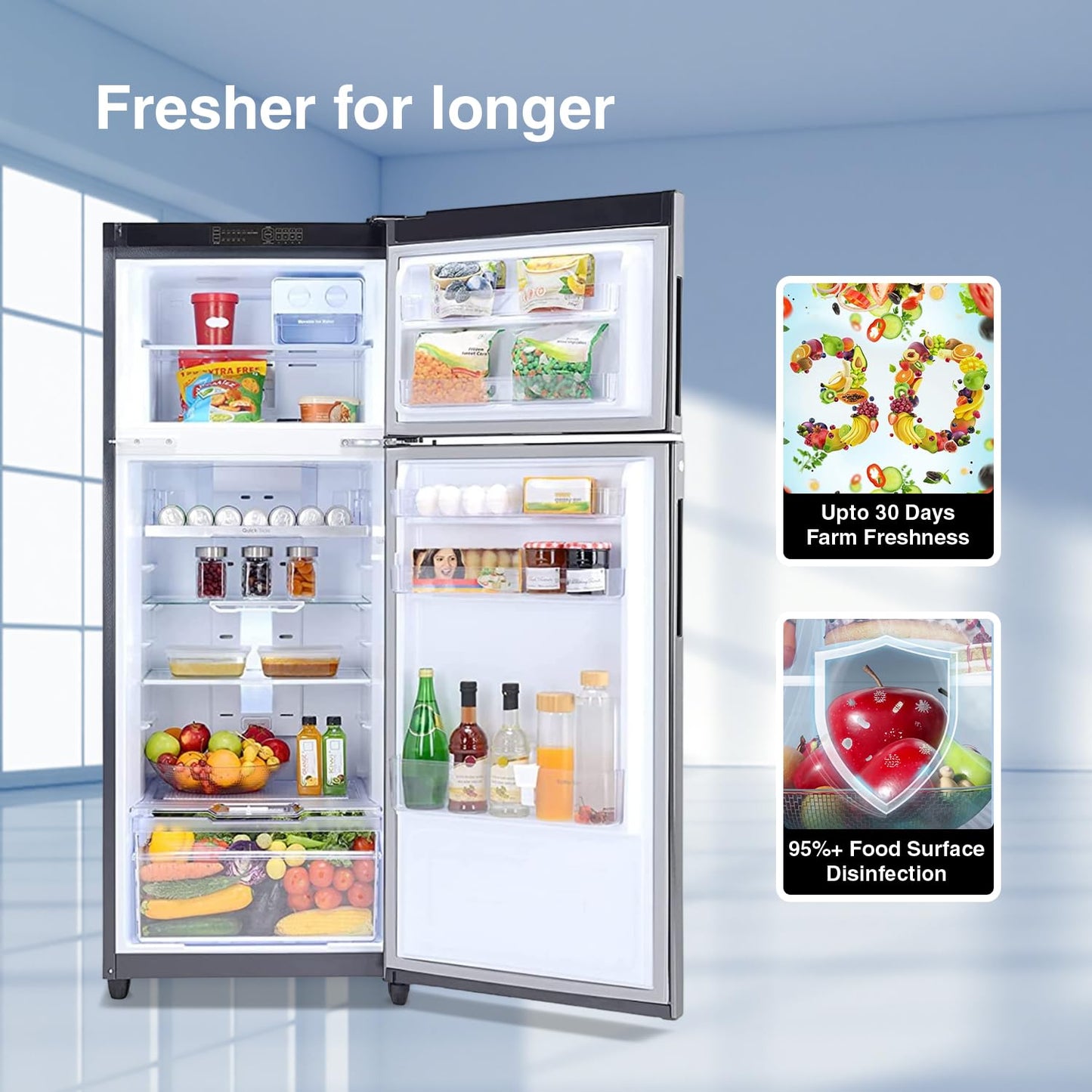 Godrej 238 L 3 Star With 95%+ Food Surface Disinfection with Nano Shield Technology Inverter Frost Free Double Door Refrigerator Appliance (RF EON 253C RI ST GL, Steel Glow)