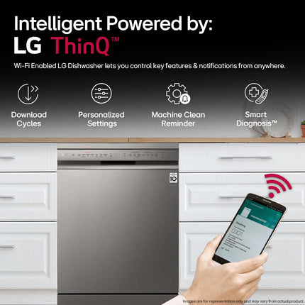 LG 14 Place Setting Free Standing Dish Washer with TrueSteam, QuadWash, EasyRack Plus, Wi-Fi Enabled (DFB424FP, Silver, Inverter Direct Drive Motor)