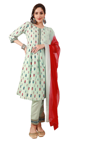 EthnicJunction Women's Geometric Print Cotton Blend A-Line Kurta Pant with Dupatta Set