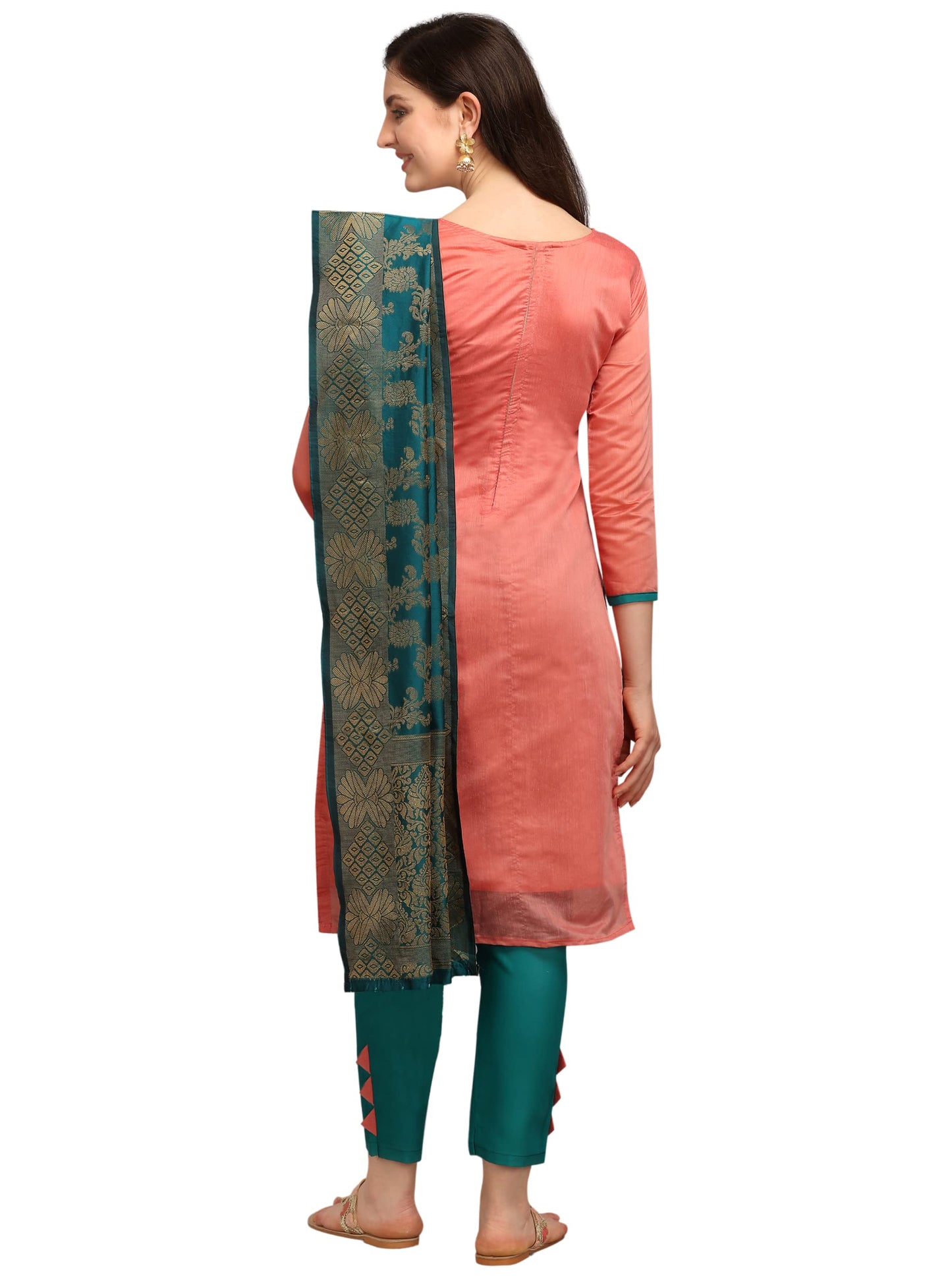 EthnicJunction Women's Chanderi Cotton Hand Embroidered Work Unstitched Salwar Suit Material With Banarasi Dupatta