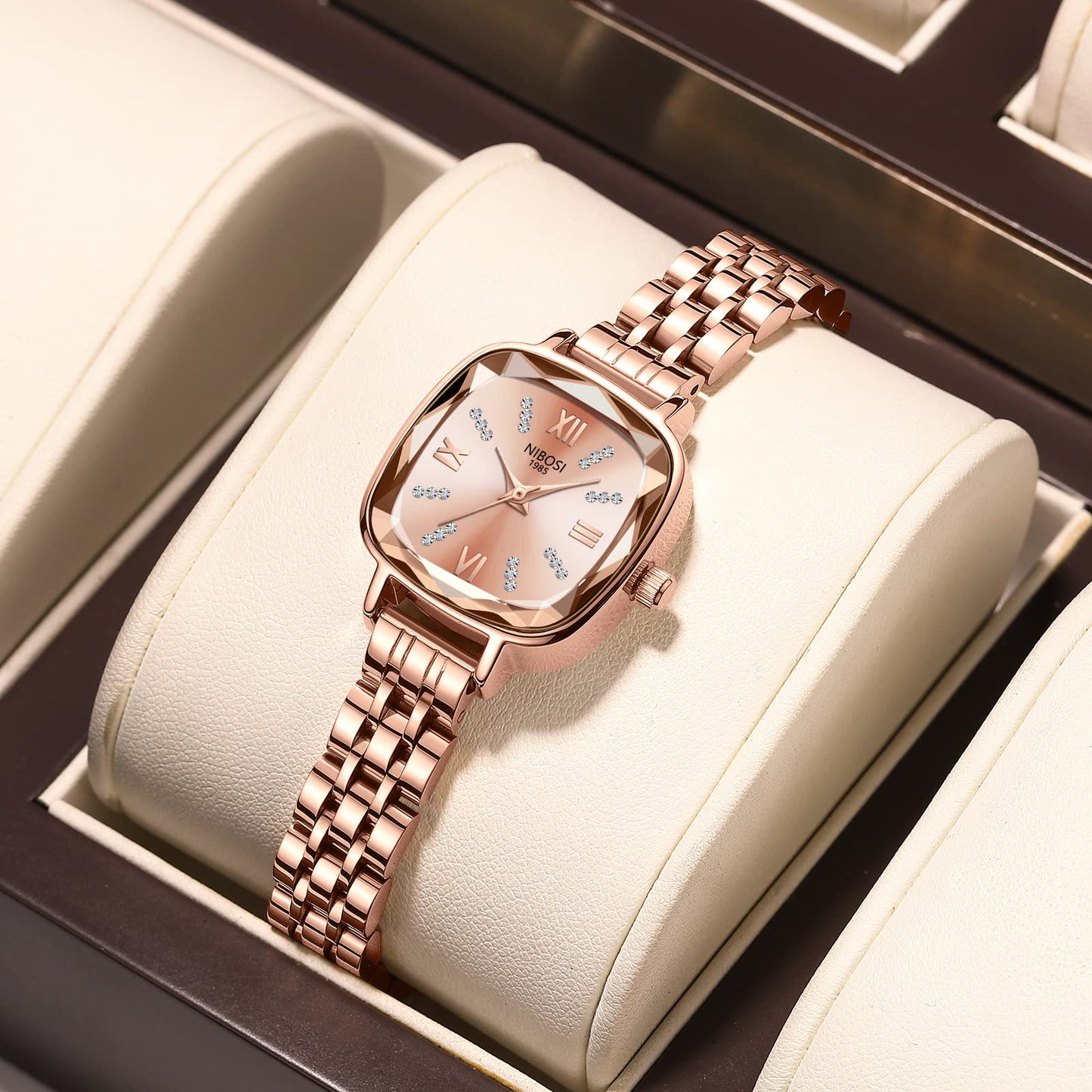 NIBOSI Women Stainless Steel Watches Analog Rose Gold Band and Square Dial Women's Watch for Girls&Miss&Ladies Diamond Studded with Stylish Watches Waterproof