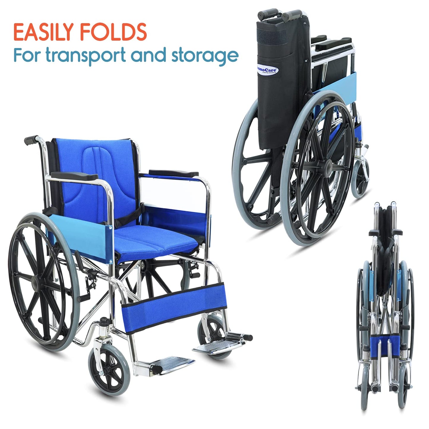 KosmoCare Dura Rexine Wheelchair | Self-Propelled & Attendant Use | Hammered Finish MS Frame | 24" Mag Wheels | Removable Footrests | Foldable Design | Comfortable Rexine Seat | Supports Up to 100 kg