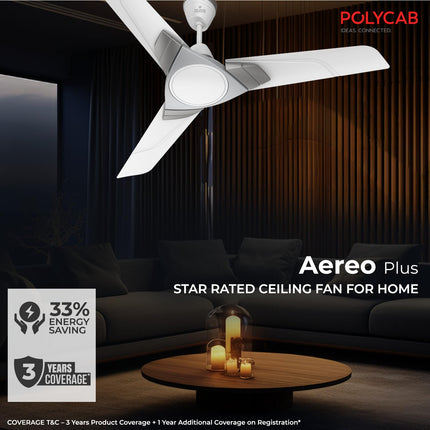 Polycab Aereo Plus Star Rated, 1200mm Ceiling Fan For Home | 100% Copper, High Speed & Air Delivery | Saves Up To 33% Electricity, Rust-Proof Aluminium Blades, 52 Watt | 3 Years Warranty【Lilac Silver】