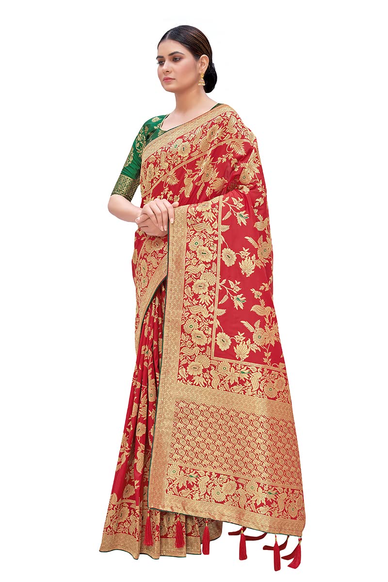 Monjolika Fashion Women's Banarasi Silk Blend Woven Zari With Tussles Saree and Jacquard Woven Blouse Piece (37765 color)