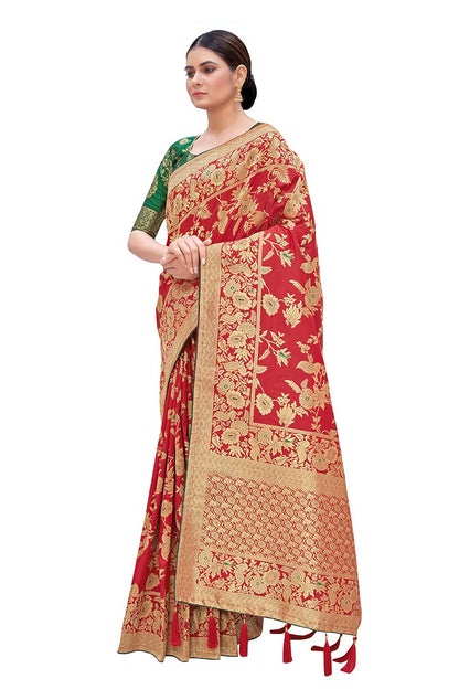 Monjolika Fashion Women's Banarasi Silk Blend Woven Zari With Tussles Saree and Jacquard Woven Blouse Piece (37765 color)