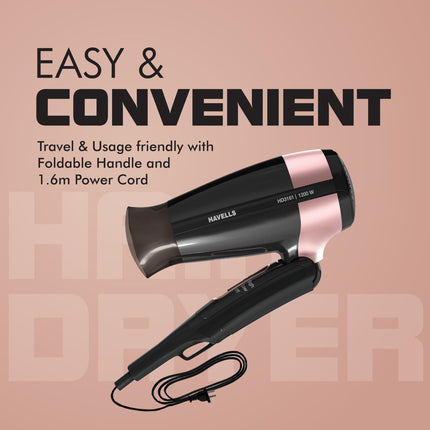 Havells 1200W Foldable Hair Dryer; 3 Heat Settings With Cool Shot (Hot/Cool/Warm),Heat Balance Technology|Cool Black|Your Perfect Blow Dry Companion For Effortless Hair Styling|Hd3161-1200 Watts 