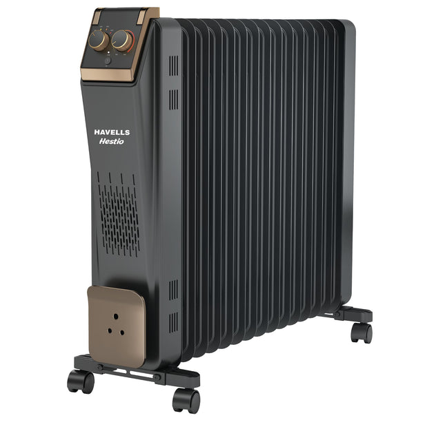 Havells Hestio 15 Straight Fin OFR (Oil Filled Radiator)|Room Heater|2900 W|3 Heat Settings & PTC Fan Heater|Inclined Control Panel|Retractable Wheels| Comfortable Breathing|360° Heating (Black)