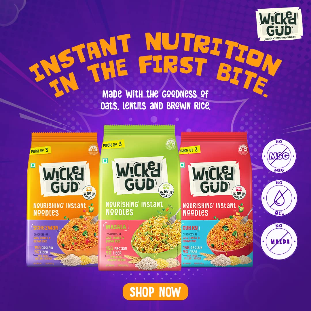 WickedGud Schezwan Noodles (207gm) & Curry Noodles (201gm) | Healthy Noodles | No Maida | No Oil | No MSG | High Protein | High Fibre | Cholesterol Free