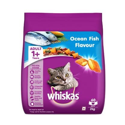 Whiskas Adult (1+ Years) Dry Cat Food, Ocean Fish Flavour, 480 g, Contains 41 Essential Nutrients, Complete & Balanced Nutrition for Adult Cats