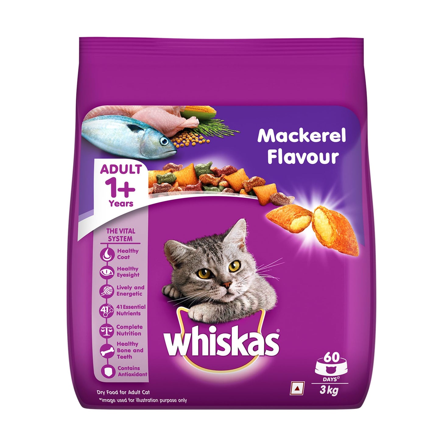 Whiskas Adult (1+ Years) Dry Cat Food, Mackerel Flavour, 480 g, Contains 41 Essential Nutrients, Complete & Balanced Nutrition for Adult Cats