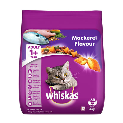 Whiskas Adult (1+ Years) Dry Cat Food, Mackerel Flavour, 480 g, Contains 41 Essential Nutrients, Complete & Balanced Nutrition for Adult Cats