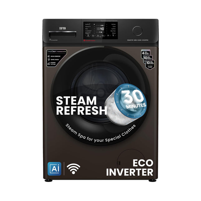 IFB 8 Kg 5 Star Powered by AI with 9 Swirl Wash, WiFi, Fully Automatic Front Load Washing Machine (Senator MBN 8012, Steam Refresh Program with Eco Inverter, Mocha) 