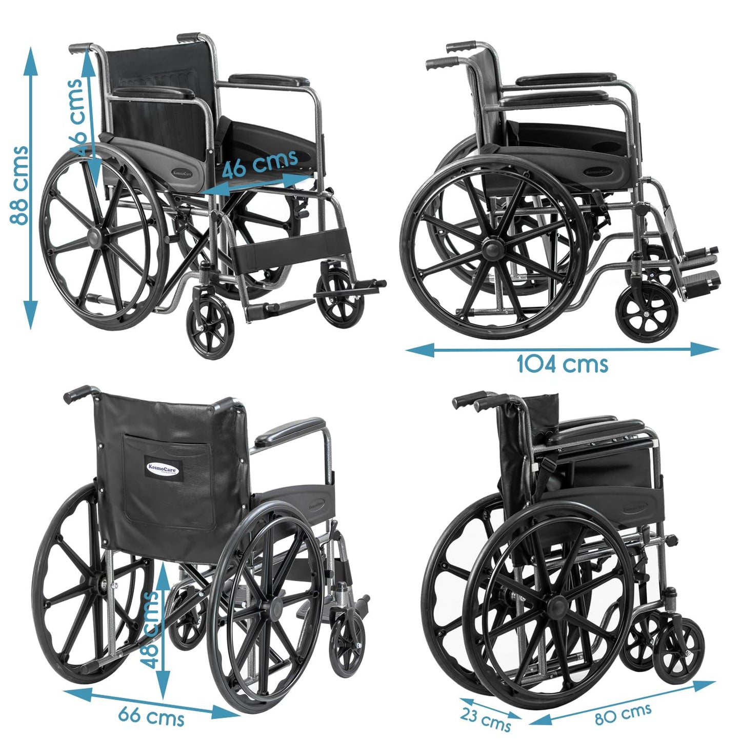 KosmoCare Dura Rexine Wheelchair | Self-Propelled & Attendant Use | Hammered Finish MS Frame | 24" Mag Wheels | Removable Footrests | Foldable Design | Comfortable Rexine Seat | Supports Up to 100 kg