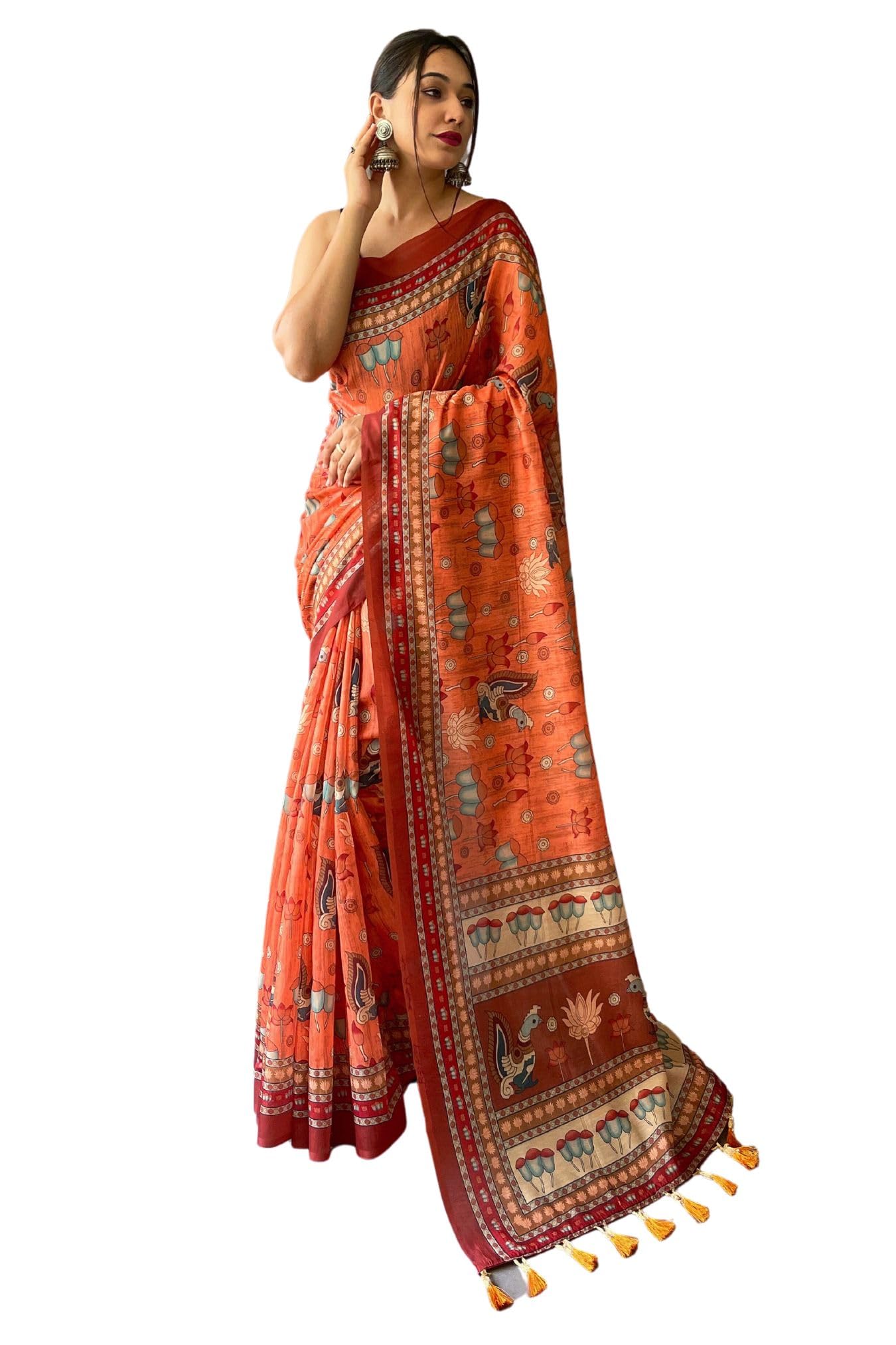 SGF11- Women's Cotton Linen Kalamkari Silk Printed Saree With Blouse Pieces