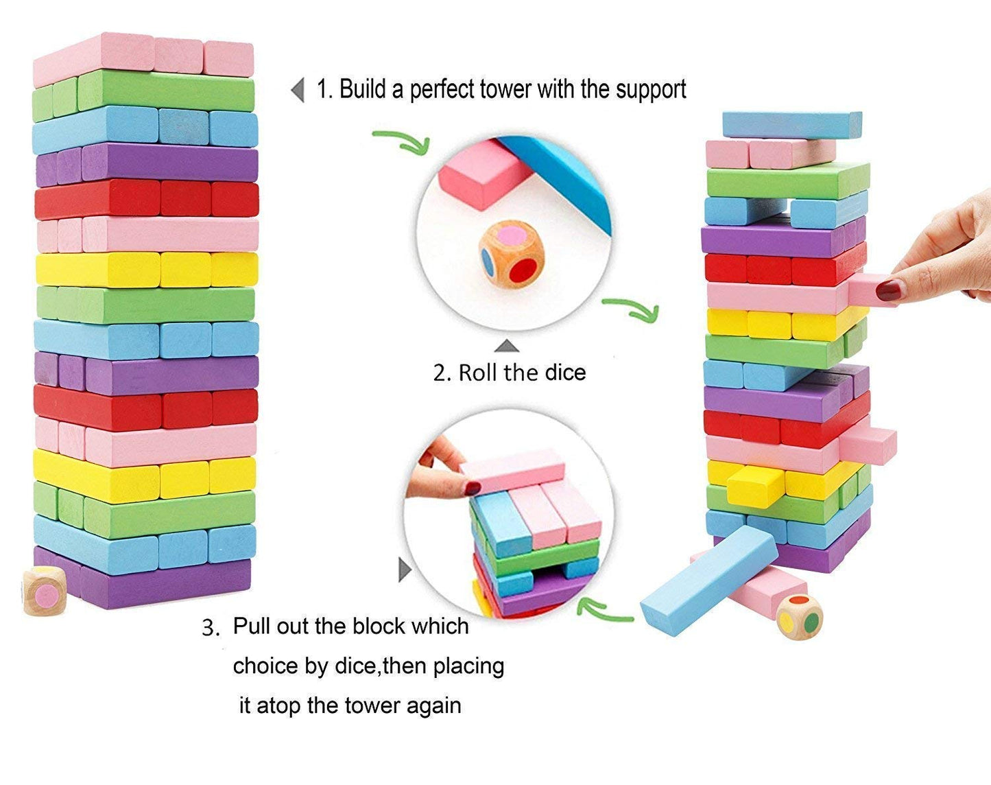 PRIME DEALS Wooden Blocks 51 Pcs 4 Dice Building Blocks Game Challenging Wooden Tumbling Tower, Wooden Stacking Toys with Dices Board Educational Puzzle Game for Adults and Kids (Wooden)