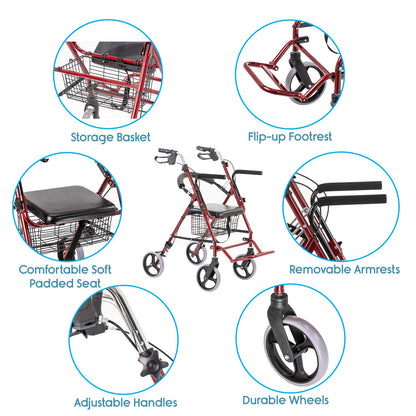 Kosmocare Folding Rollator Walker with Seat & Removable Back Support | Walker for Old People with Wheels | Lightweight Walkers for Seniors | Medical Walker for Old People