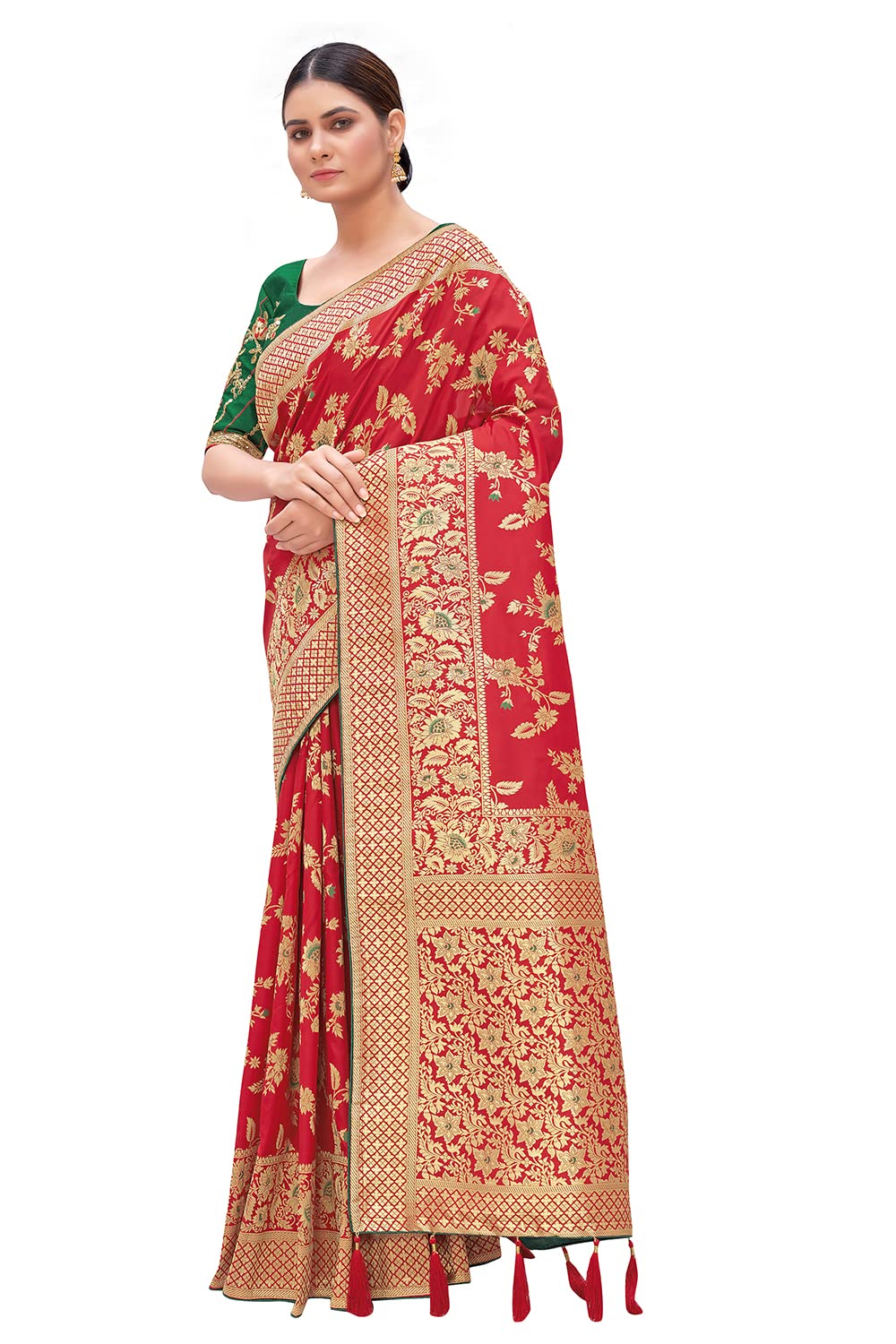 Monjolika Fashion Women's Banarasi Silk Blend Zari Woven Work With Tussles Saree and Embroidered Work Blouse Piece(37769 color)