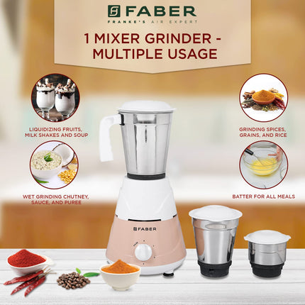 Faber Marvel 500W Blender Mixer Grinder, || Low-Noise, up to 18000 RPM Speed || 1 Year Comprehensive Warranty (FMG Marvel 500W 3J PW) Peach White