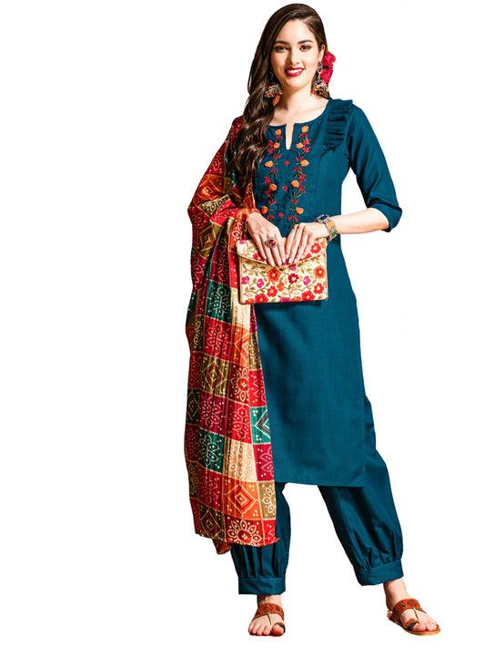 EthnicJunction Women's Embroidered Mirror Work Cotton Straight Salwar Kurta Dupatta Set