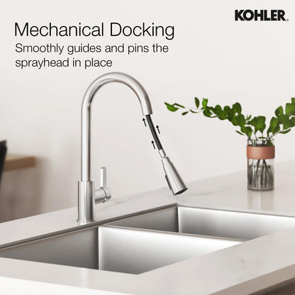 Kohler Atom Pull-Down Kitchen Tap, Mechanical Docking, Dual Spray Mode, 360° Swivel, 10-Year Warranty, Brass Durability (Polished Chrome Finish Kitchen Faucet)