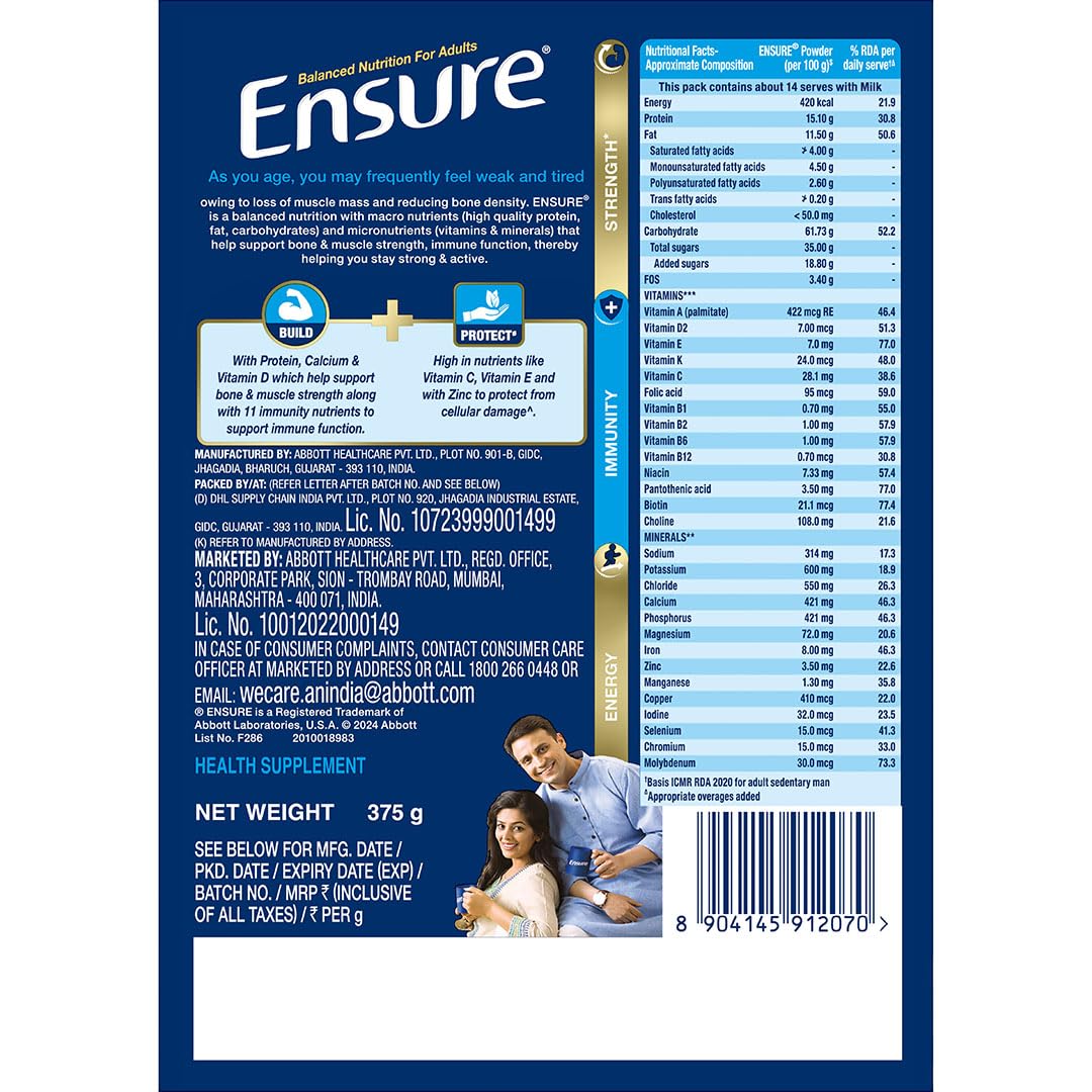 Ensure No 1 Nutritional Supplement Drink in the world|32 nutrients High Protein,Calcium,Vit D|Chocolate400g/375g(Wt may vary)