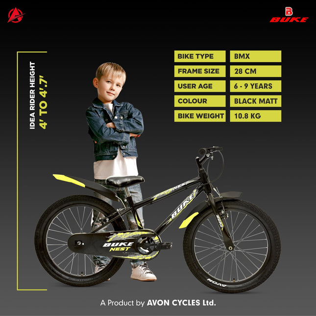 Avon Buke Nest 20T BMX Cycle for Boys, Bicycle Bike BMX, High-Tensile Steel| Ideal Cycle for BigKids|Rigid Fork|V Brake|Steel Rim, V 'Brake, 11 Inch Frame (Black Matt Gloss Finish) 