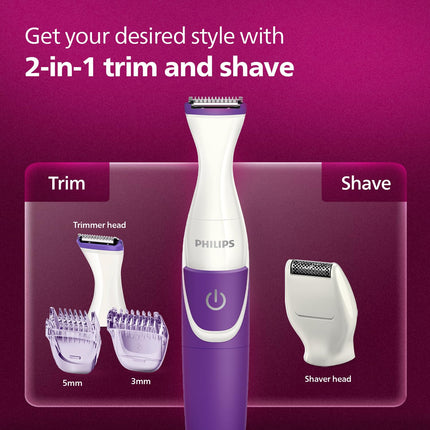 Philips Body Trimmer for Women, Skin Safe with Rounded Tips, 2in1 Trim or Shave, Hair Removal for Intimate Areas, Arms, Legs & Body, No Skin Irritation, Travel Friendly I 2 Year Warranty - BRT383/15