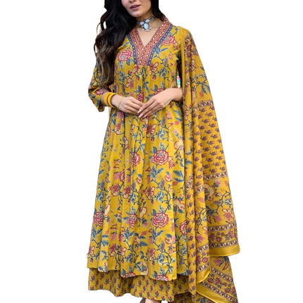 GoSriKi Women's Rayon Blend Anarkali Printed Kurta with Pant & Dupatta & Dupatta (CIA Yellow-GS_XL_Yellow_X-Large) 