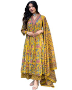 GoSriKi Women's Rayon Blend Anarkali Printed Kurta with Pant & Dupatta & Dupatta (CIA Yellow-GS_XL_Yellow_X-Large) 