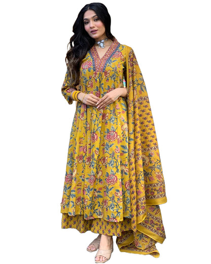 GoSriKi Women's Rayon Blend Anarkali Printed Kurta with Palazzo & Dupatta