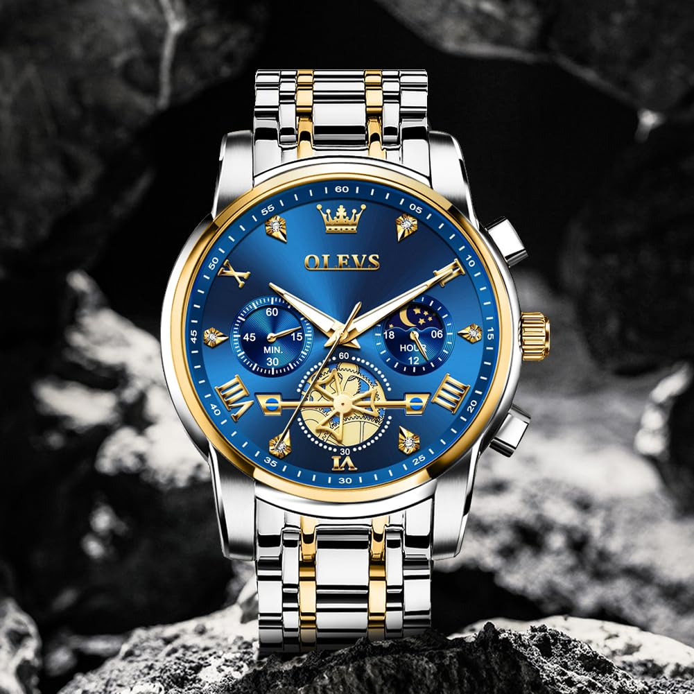 OLEVS Mens Watches Chain Chronograph Business Dress Quartz Stainless Steel Wrist Watch Waterproof Luminous Date