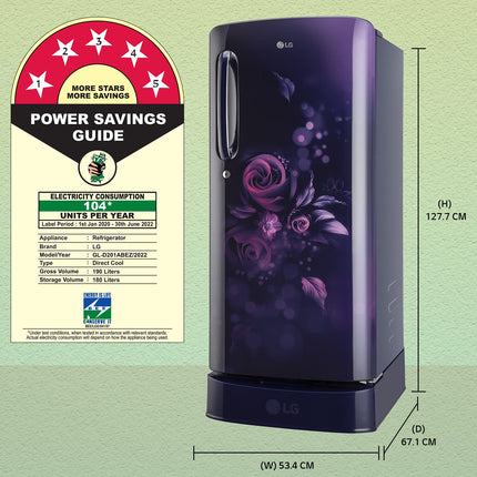 LG 185 L 5 Star Inverter Direct-Cool Single Door Refrigerator (GL-D201APZU, Shiny Steel, Base stand with drawer)