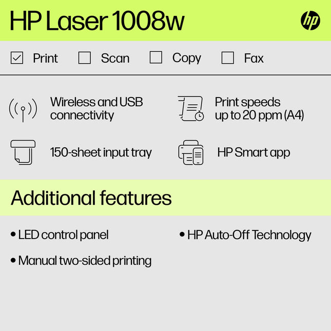 HP Laser 1008W Monochrome Laser Printers,Wireless,Single Function,Print,Hi-Speed USB 2.0Up to 21 Ppm,150-Sheet Input Tray,100-Sheet Output Tray,10,000Page Duty Cycle,1Year Warranty,Black&White,714Z9A 