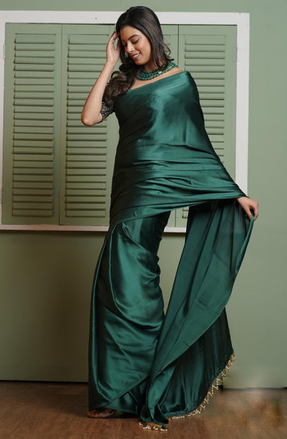 SATAZ Women's Ready to Wear Satin Silk 1 Minute Pre Pleated Heavy Saree with Solid Plain Green Unstiched Blouse