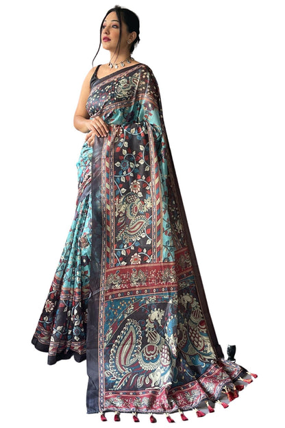 SGF11 Women's Cotton Linen Kalamkari Silk Printed Saree With Blouse Piece