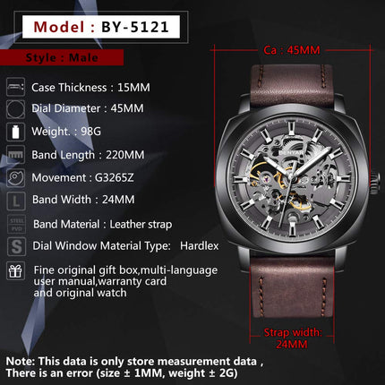 BENYAR Automatic Mechanical Skeleton Leather Strap Men's Watch