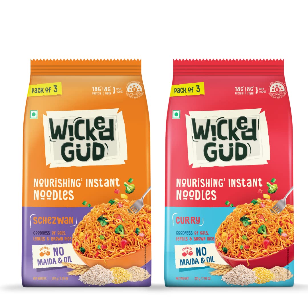 WickedGud Schezwan Noodles (207gm) & Curry Noodles (201gm) | Healthy Noodles | No Maida | No Oil | No MSG | High Protein | High Fibre | Cholesterol Free