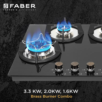 Faber Hob 4 Burner | Auto-Ignition | Spillage Proof | HOB SUPERIA HT764 BR AI | Concealed Chamber | Metal Knobs | Pan Support | Black Glass Finish |5 Yr Warranty on Burner & Glass | 1 Yr comprehensive