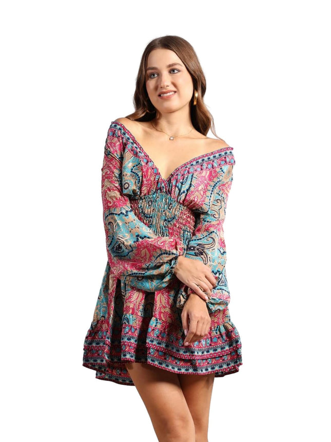 KE KANHA EXPORTS Short Dress for Women's & Girls Unique Border Design & Tassel, Adjustable Drawstring, Stretchable, Free Size,fit Flared Floral Print V-Neck Western Dresses All Seasons